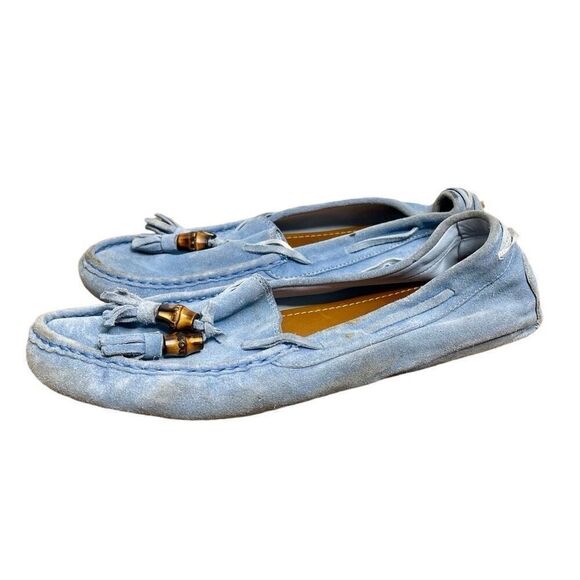 Gucci Moccasin Suede Driver Loafer Flats Slip On Light Blue Bamboo Tassel 7‎ - Picture 2 of 9
